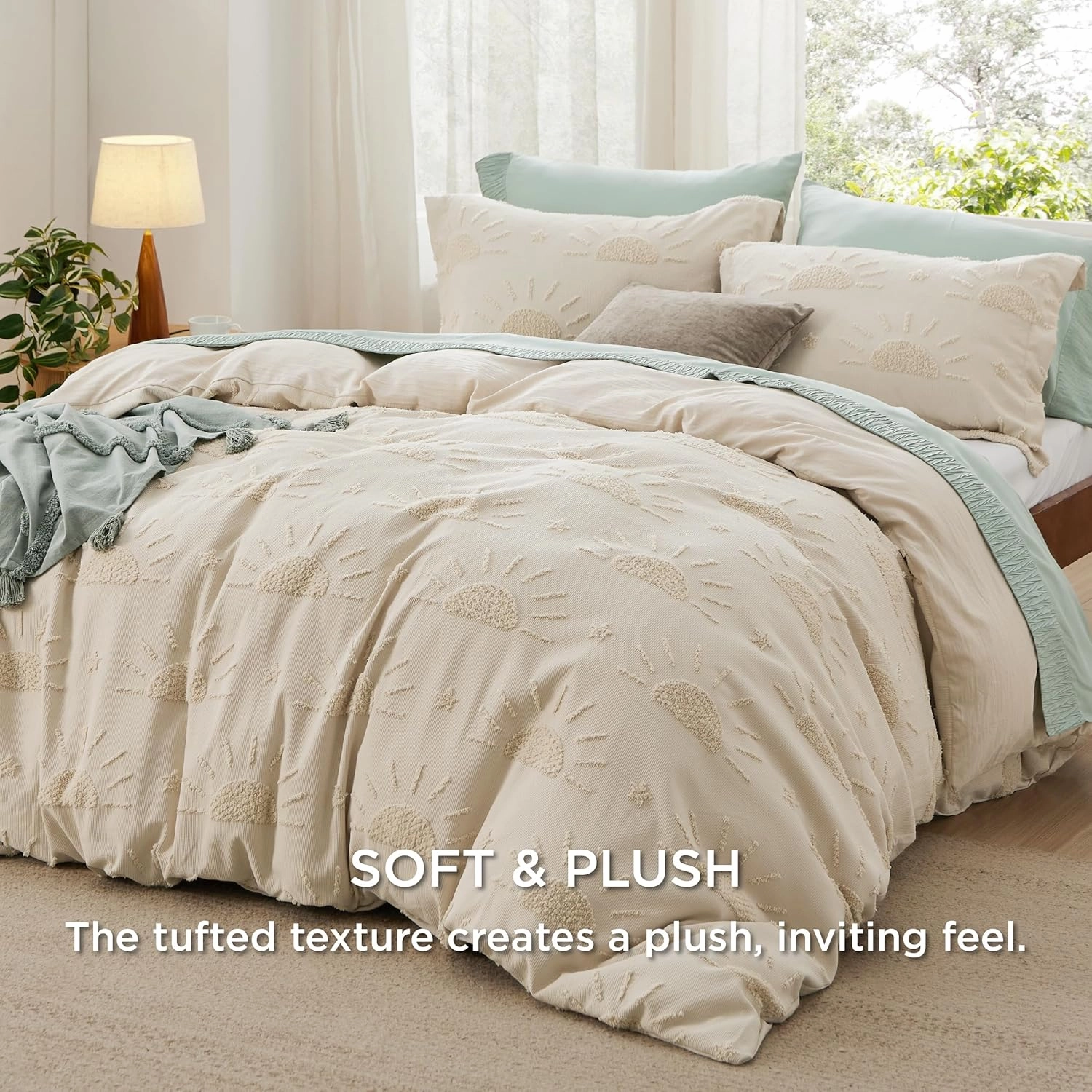 Bedsure Boho Duvet Cover - Boho Bedding Duvet Cover Set for All Seasons, Shabby Chic Jacquard Duvet Cover,Comforter Not Included (Beige,Sun Design,104"x90")