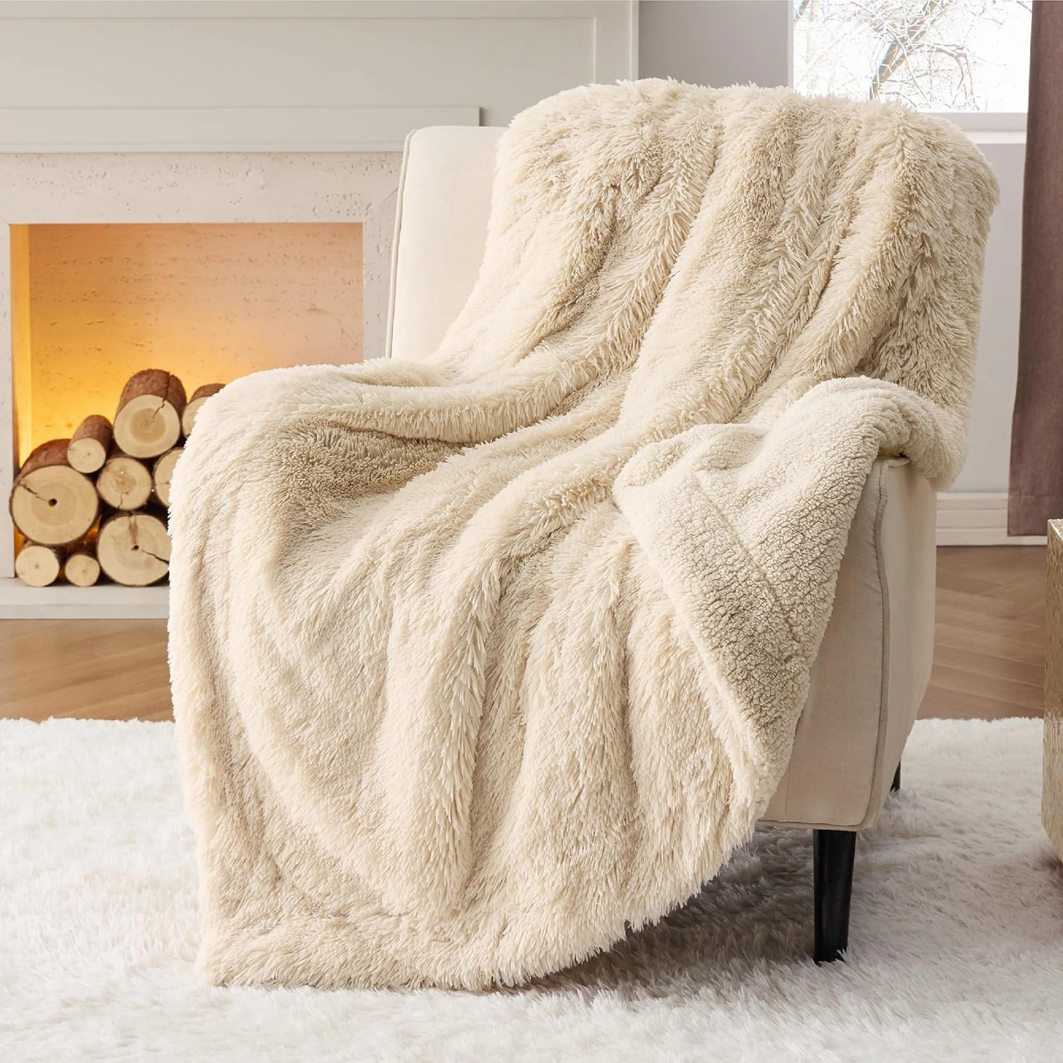 Bedsure Fluffy Beige Throw Blanket Gifts for Women, Kids, Soft Fleece Cozy Fuzzy Sherpa Plush Warm Minky Thick Faux Fur Throws for Couch, Bed, Beige Decor Spring Blanket Gifts for Mom Dad, 50x60