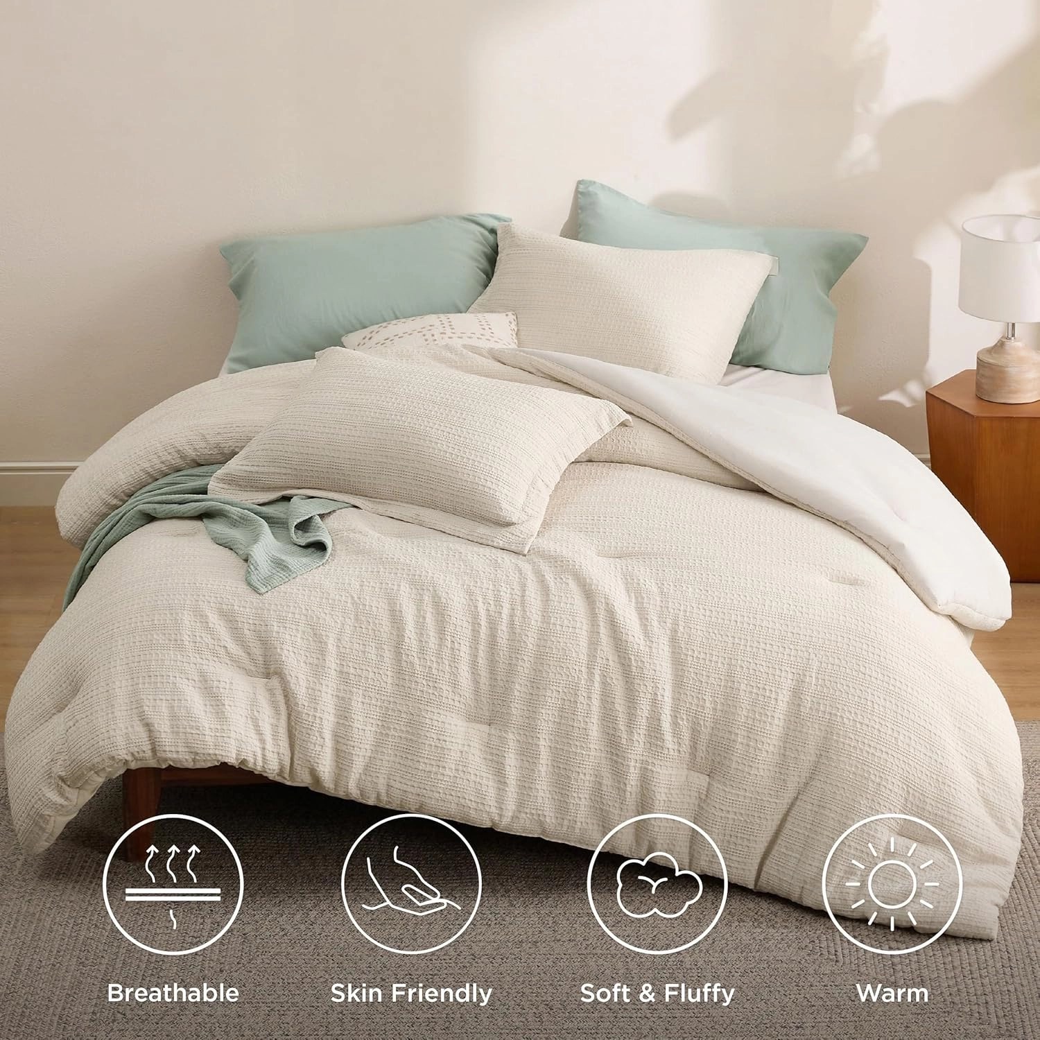 Bedsure Waffle Comforter Set Queen, Soft and Breathable Beige Bedding Comforter Set, 3 Pieces, 1 Waffle Weave Comforter (90"x90") and 2 Pillow Shams (20"x26" 2")