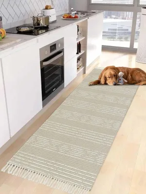 Beige Boho Kitchen Hallway Runner Rug 2X5 Ft Carpet, Washable Woven Throw Carpet with Tassel, Vintage Farmhouse Bohemian Tribe Striped Non-Shedding Entryway Laundry Rugs