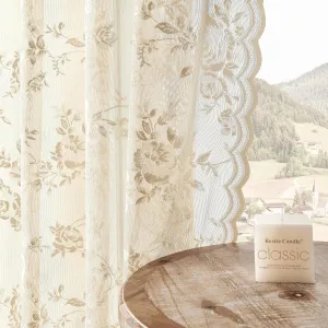 Beige Lace Country Floral Curtains - 54 Inch Length, 2 Panels Set, Rod Pocket, Light Filtering, Victorian Flower Sheer Curtains for Kitchen & Cafe, Rustic Decor