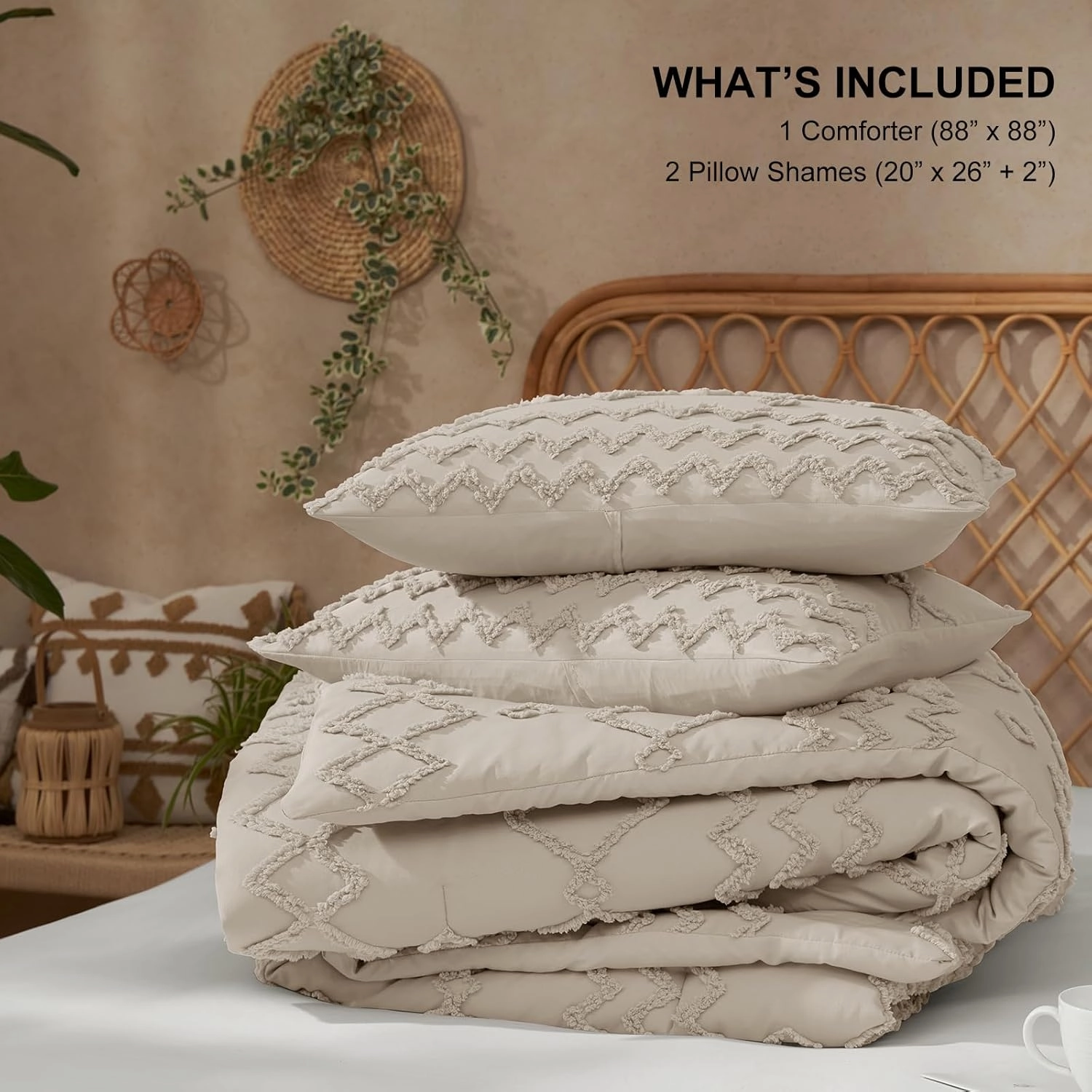 Beige Comforter Set Queen - Boho Tufted Comforter Set 3 Pieces Farmhouse Shabby Chic Embroidery Bedding for All Season,Soft Jacquard Queen Comforter with Comforter and Pillow Shams