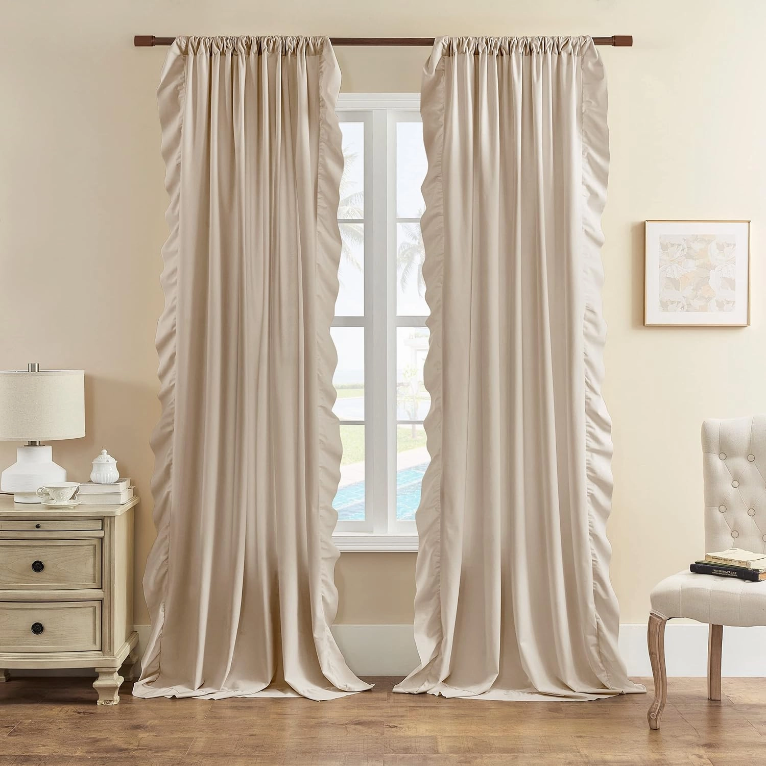 Beige Ruffle Curtains 84 Inches Long 2 Panels Suede Fabric Light Tan Farmhouse Curtains for Living Room Bedroom Rod Pocket Light Filtering Shabby Chic Window Curtains for Girls Nursery Room, 52x84