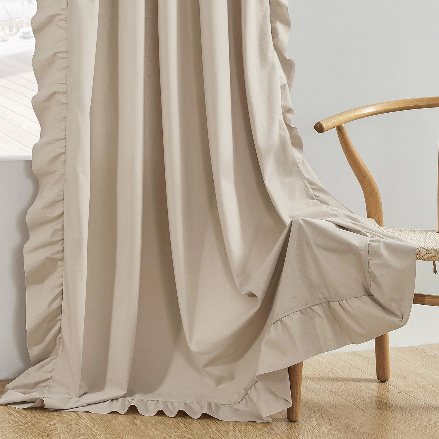 Beige Ruffle Curtains 84 Inches Long 2 Panels Suede Fabric Light Tan Farmhouse Curtains for Living Room Bedroom Rod Pocket Light Filtering Shabby Chic Window Curtains for Girls Nursery Room, 52x84