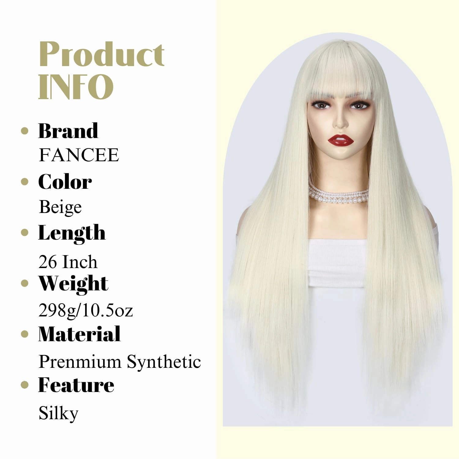 Beige Wig with Bangs Long Straight Wig with Blunt Bangs for Women 26 Inch Synthetic Light Beige Blonde Wig with Layered Ends for Cosplay Halloween Party Daily Use