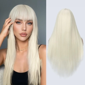 Beige Wig with Bangs Long Straight Wig with Blunt Bangs for Women 26 Inch Synthetic Light Beige Blonde Wig with Layered Ends for Cosplay Halloween Party Daily Use