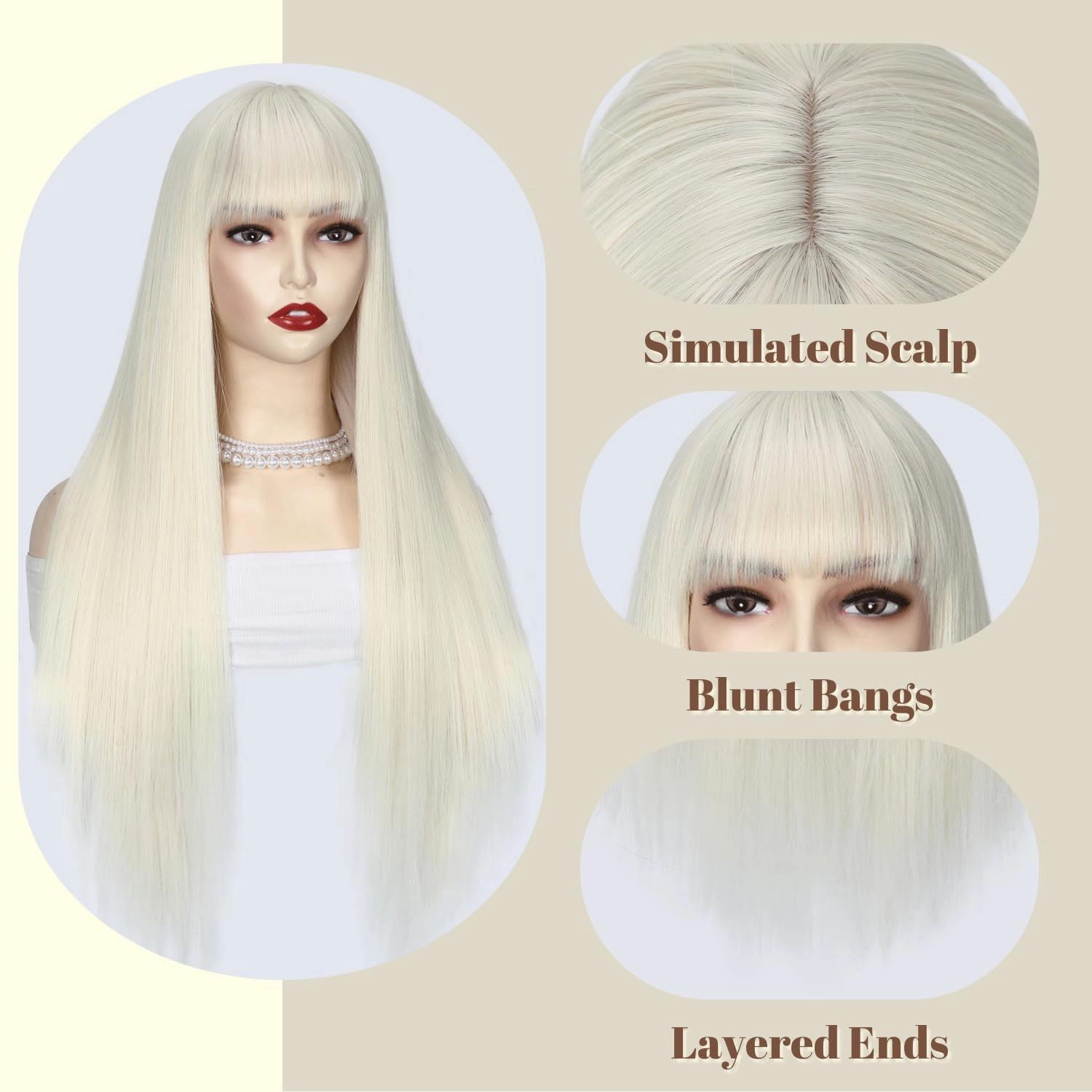 Beige Wig with Bangs Long Straight Wig with Blunt Bangs for Women 26 Inch Synthetic Light Beige Blonde Wig with Layered Ends for Cosplay Halloween Party Daily Use