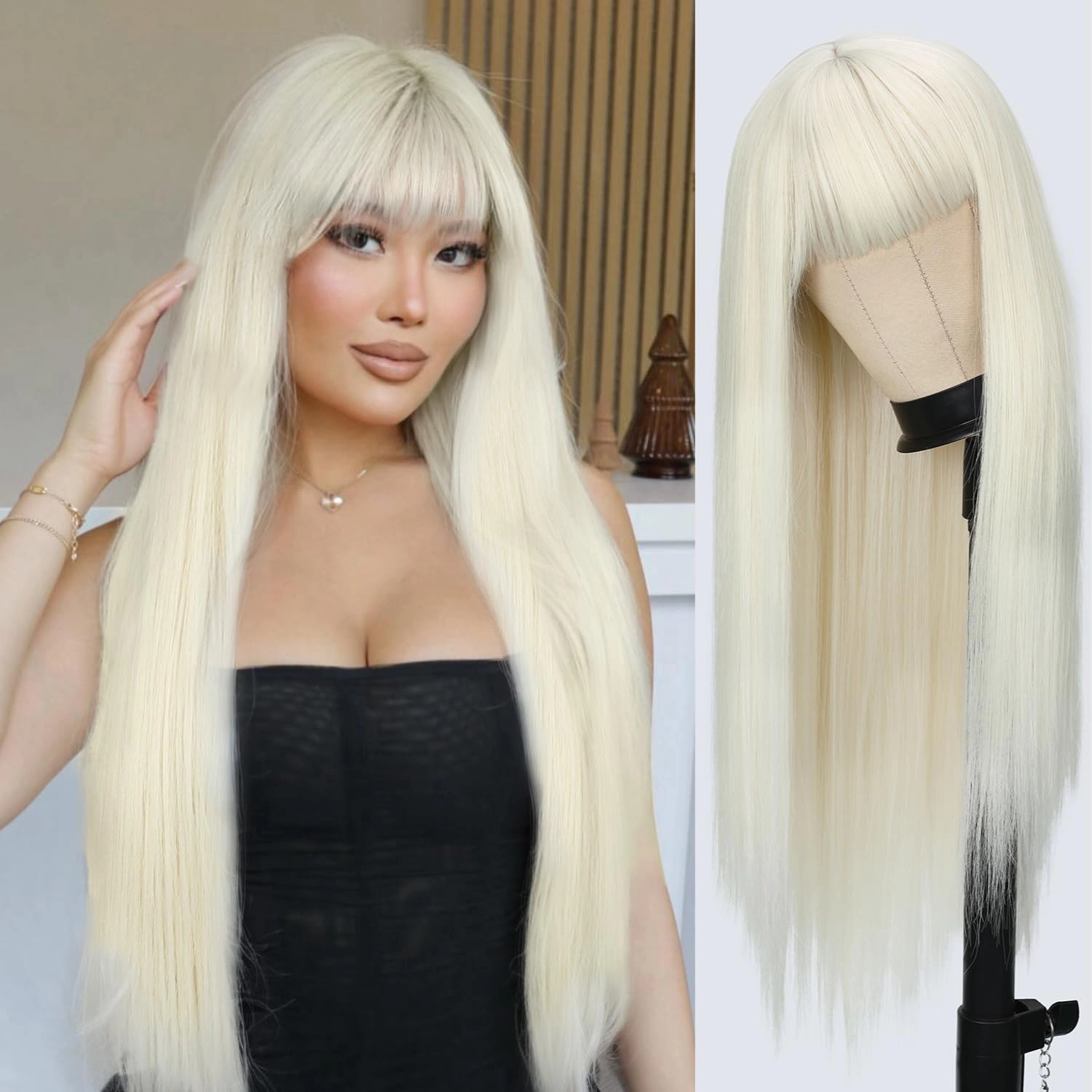 Beige Wig with Bangs Long Straight Wig with Blunt Bangs for Women 26 Inch Synthetic Light Beige Blonde Wig with Layered Ends for Cosplay Halloween Party Daily Use