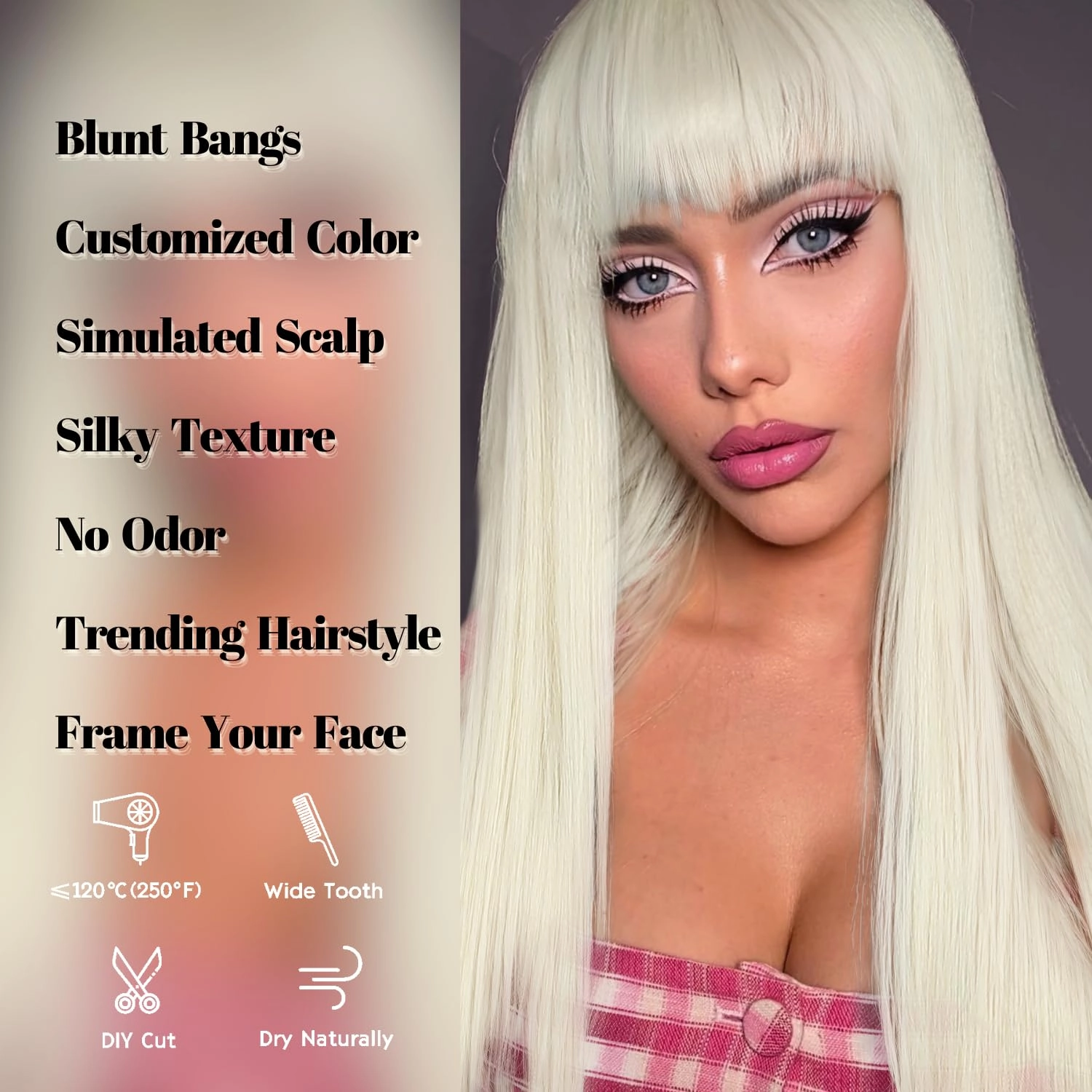 Beige Wig with Bangs Long Straight Wig with Blunt Bangs for Women 26 Inch Synthetic Light Beige Blonde Wig with Layered Ends for Cosplay Halloween Party Daily Use