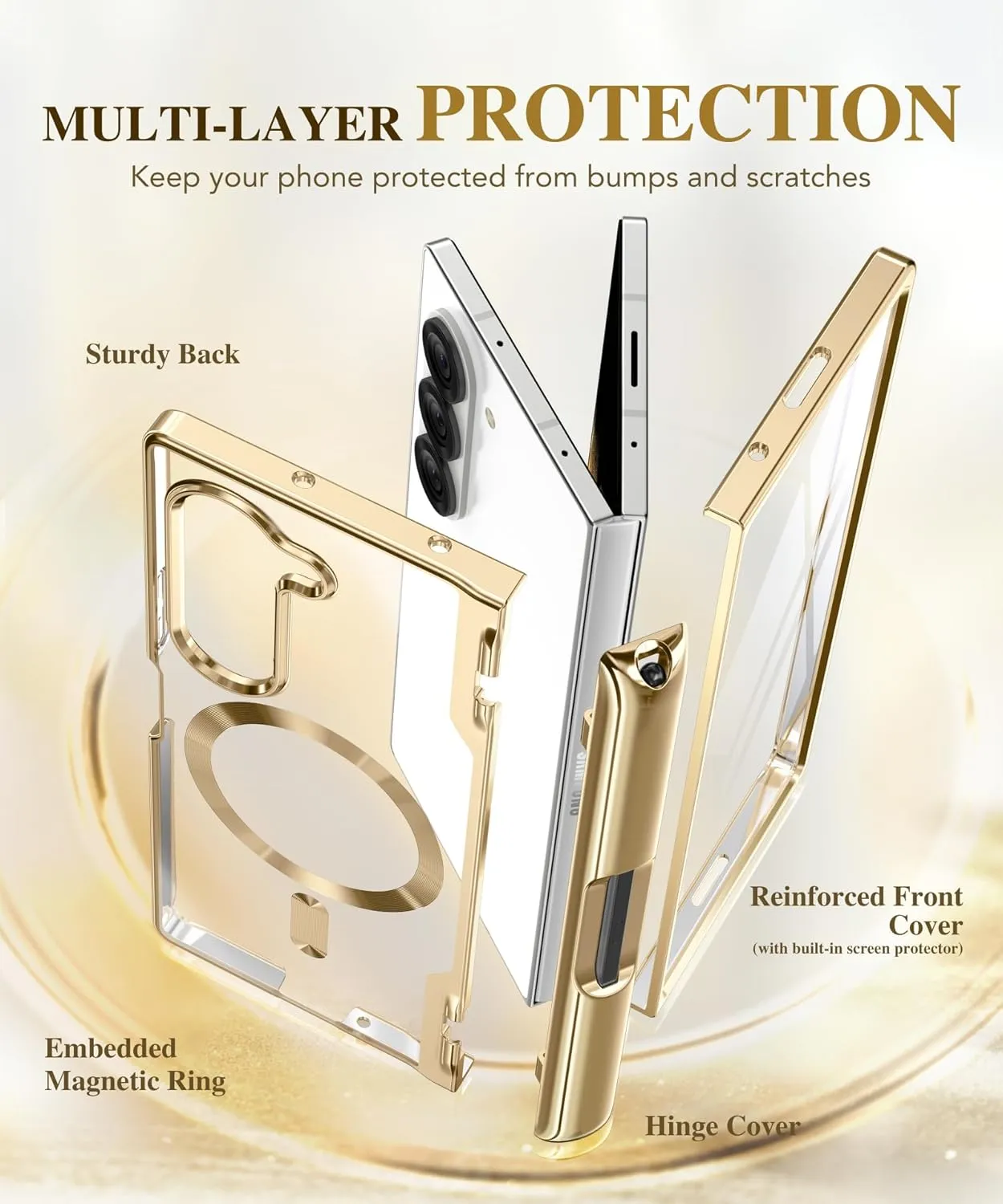 BERFY Upgraded Magnetic for Z Fold 6 Case with S Pen Holder, Compatible with Magsafe,[Built-in Screen Protector & Hinge Protection] Full-Body Plating Slim Phone Case for Samsung Galaxy Z Fold 6, Gold