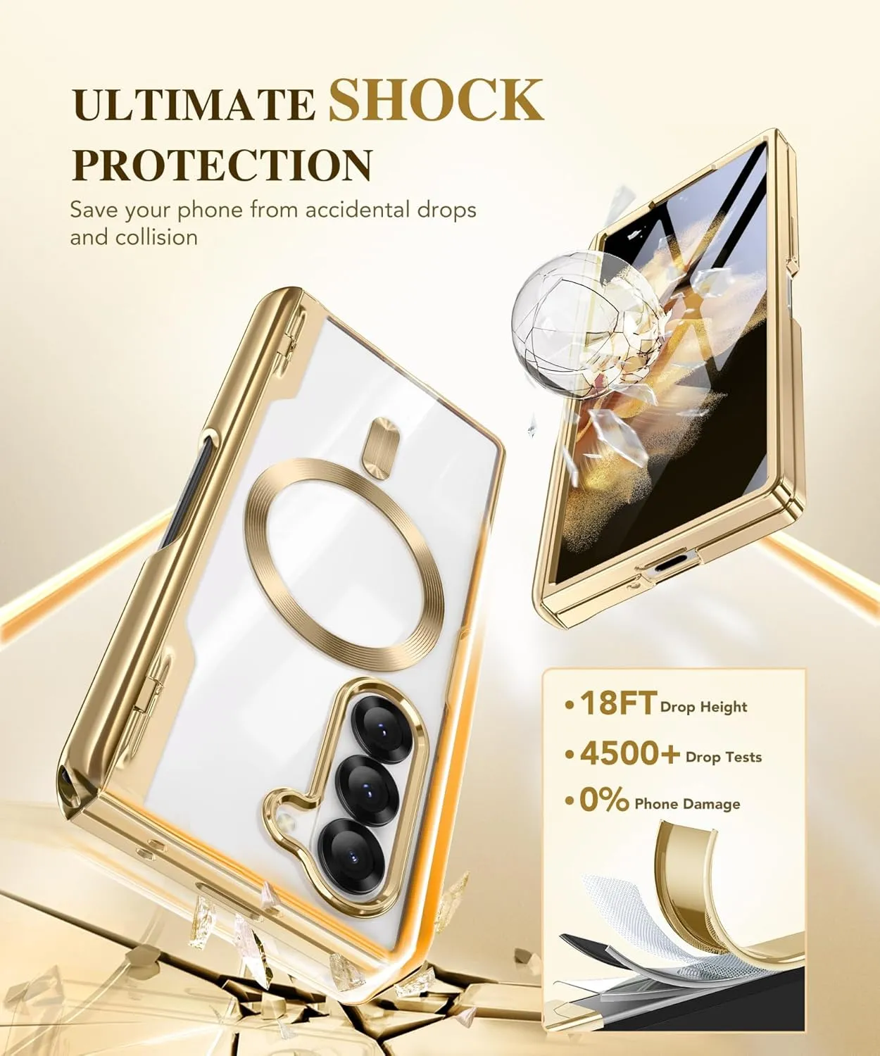 BERFY Upgraded Magnetic for Z Fold 6 Case with S Pen Holder, Compatible with Magsafe,[Built-in Screen Protector & Hinge Protection] Full-Body Plating Slim Phone Case for Samsung Galaxy Z Fold 6, Gold