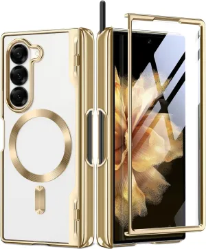 BERFY Upgraded Magnetic for Z Fold 6 Case with S Pen Holder, Compatible with Magsafe,[Built-in Screen Protector & Hinge Protection] Full-Body Plating Slim Phone Case for Samsung Galaxy Z Fold 6, Gold