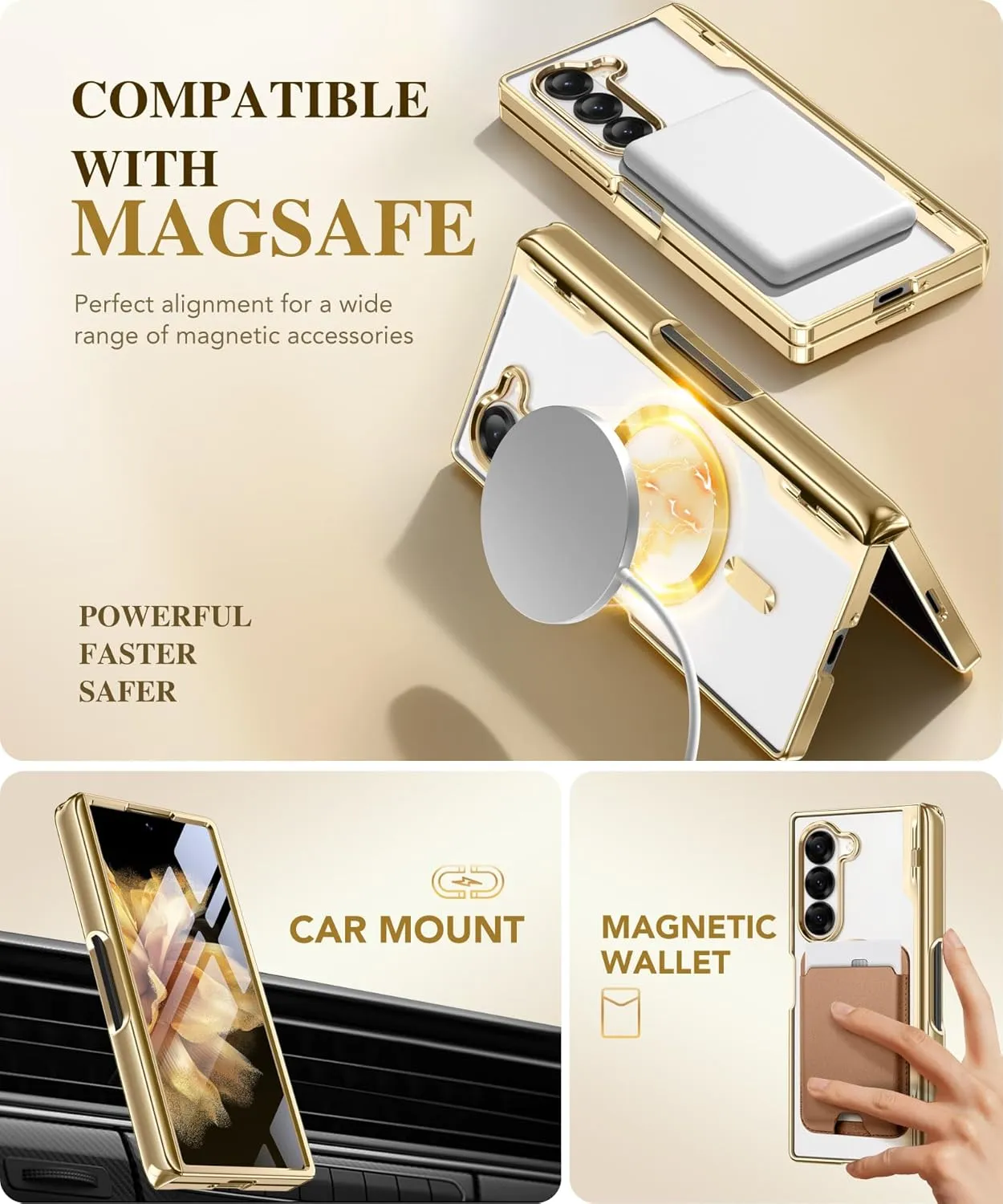 BERFY Upgraded Magnetic for Z Fold 6 Case with S Pen Holder, Compatible with Magsafe,[Built-in Screen Protector & Hinge Protection] Full-Body Plating Slim Phone Case for Samsung Galaxy Z Fold 6, Gold