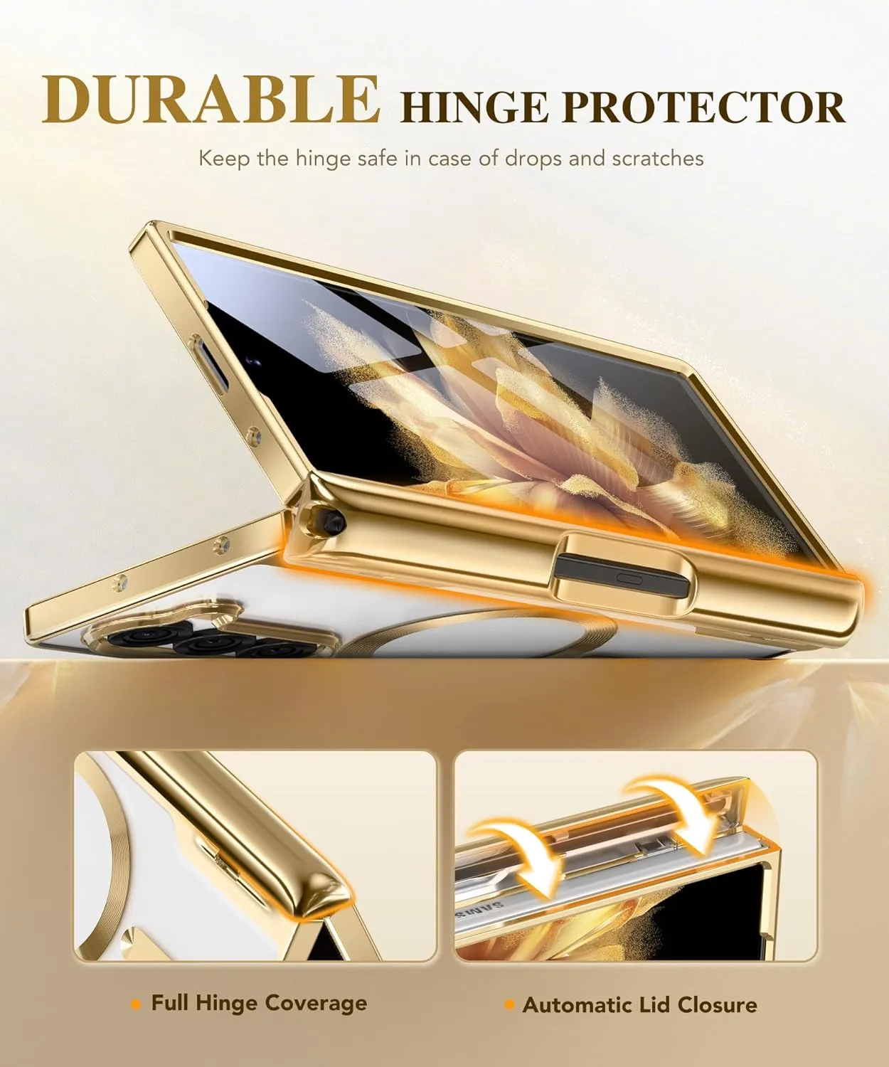 BERFY Upgraded Magnetic for Z Fold 6 Case with S Pen Holder, Compatible with Magsafe,[Built-in Screen Protector & Hinge Protection] Full-Body Plating Slim Phone Case for Samsung Galaxy Z Fold 6, Gold