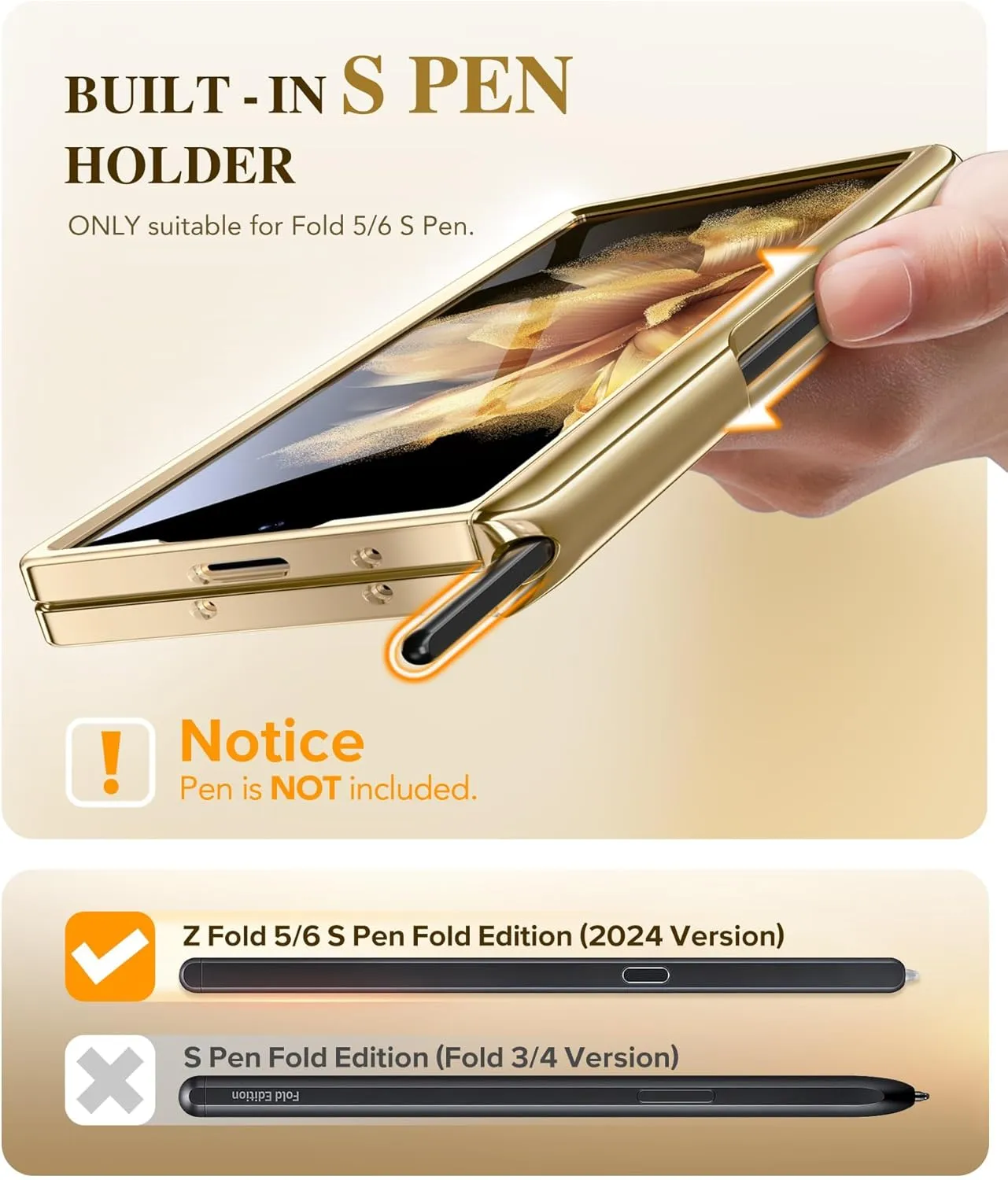 BERFY Upgraded Magnetic for Z Fold 6 Case with S Pen Holder, Compatible with Magsafe,[Built-in Screen Protector & Hinge Protection] Full-Body Plating Slim Phone Case for Samsung Galaxy Z Fold 6, Gold