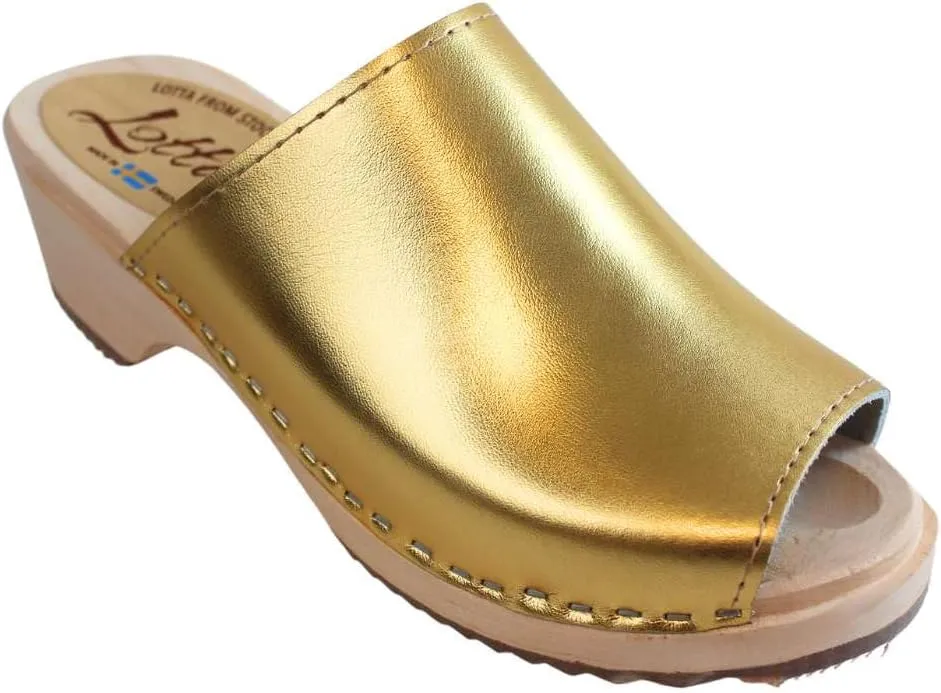 Berit Classic Clog Sandal with Open Toe for Women I Wooden Clog Mules Handcrafted in Sweden with Alder Wood Base and PU Coated Leather | Gold