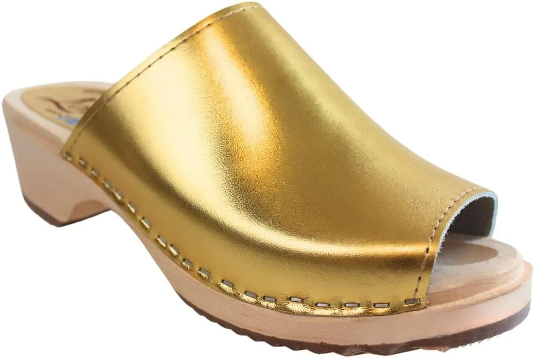 Berit Classic Clog Sandal with Open Toe for Women I Wooden Clog Mules Handcrafted in Sweden with Alder Wood Base and PU Coated Leather | Gold