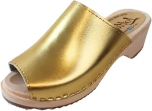 Berit Classic Clog Sandal with Open Toe for Women I Wooden Clog Mules Handcrafted in Sweden with Alder Wood Base and PU Coated Leather | Gold