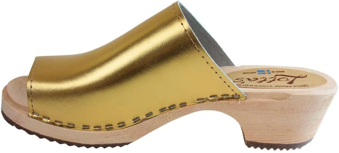 Berit Classic Clog Sandal with Open Toe for Women I Wooden Clog Mules Handcrafted in Sweden with Alder Wood Base and PU Coated Leather | Gold