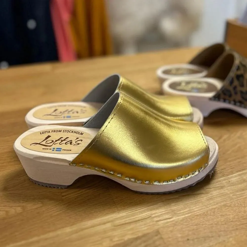 Berit Classic Clog Sandal with Open Toe for Women I Wooden Clog Mules Handcrafted in Sweden with Alder Wood Base and PU Coated Leather | Gold