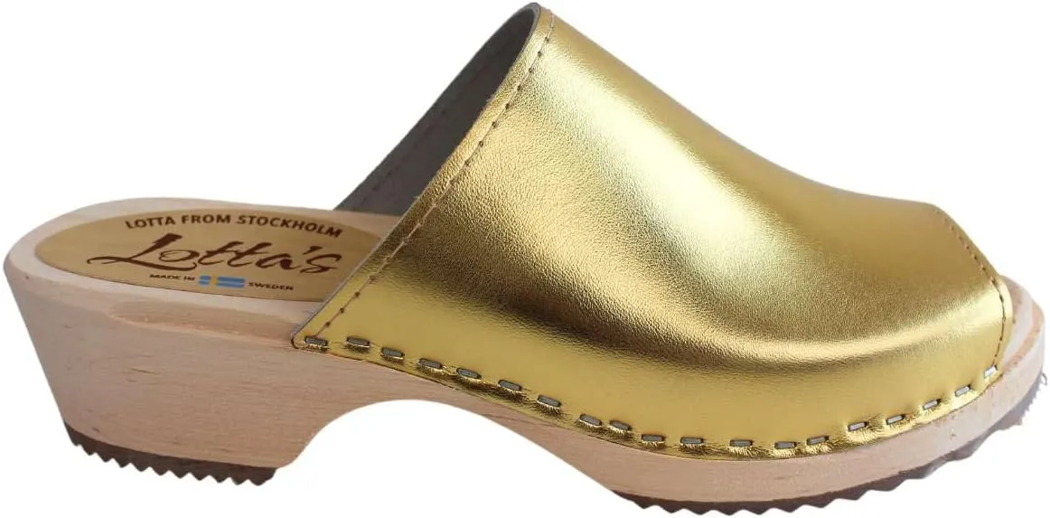 Berit Classic Clog Sandal with Open Toe for Women I Wooden Clog Mules Handcrafted in Sweden with Alder Wood Base and PU Coated Leather | Gold