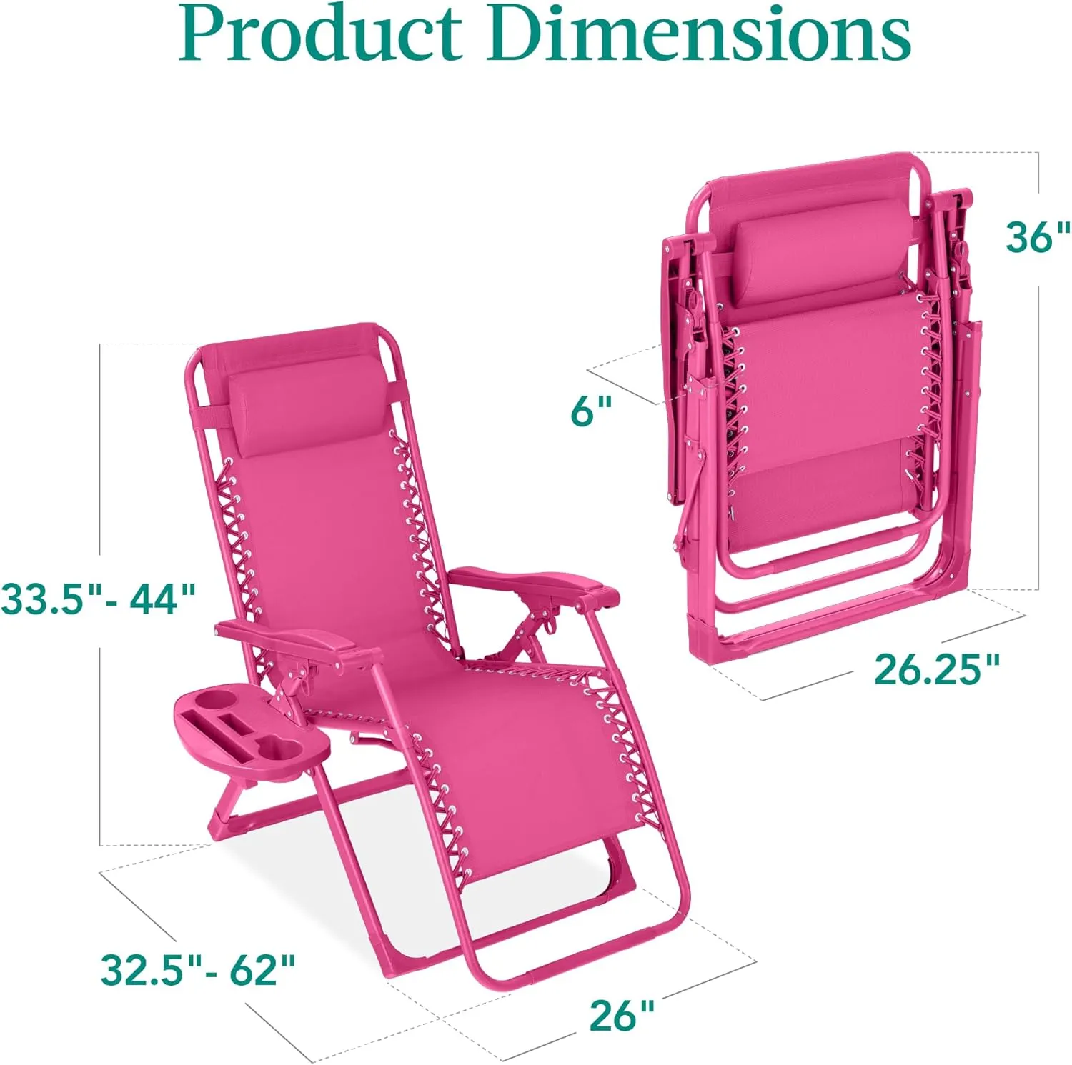 Best Choice Products Adjustable Zero Gravity Chair, Monochromatic Color Folding Patio Recliner w/Side Tray, Headrest - Hot Pink