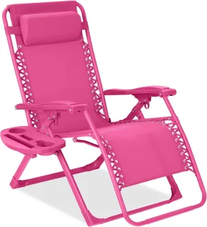 Best Choice Products Adjustable Zero Gravity Chair, Monochromatic Color Folding Patio Recliner w/Side Tray, Headrest - Hot Pink