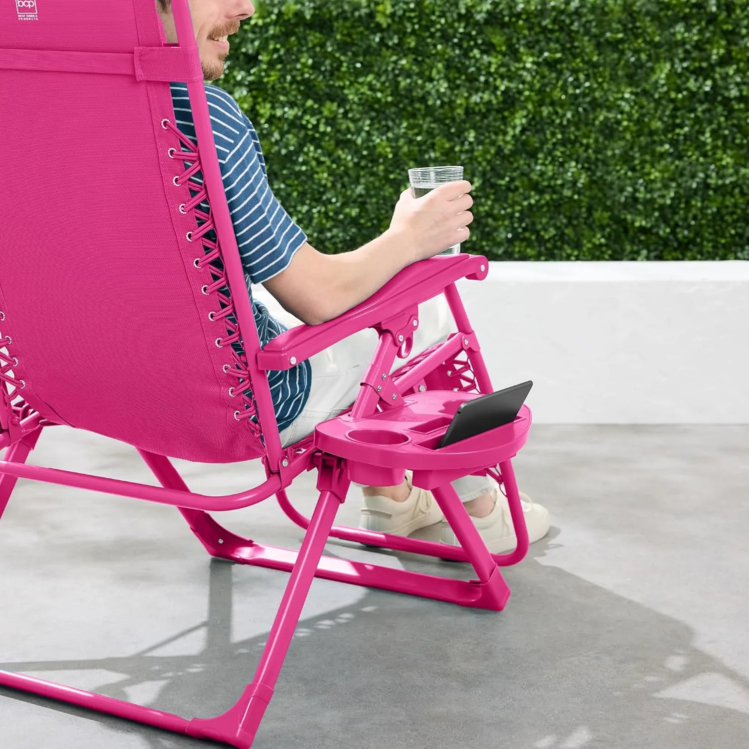 Best Choice Products Adjustable Zero Gravity Chair, Monochromatic Color Folding Patio Recliner w/Side Tray, Headrest - Hot Pink