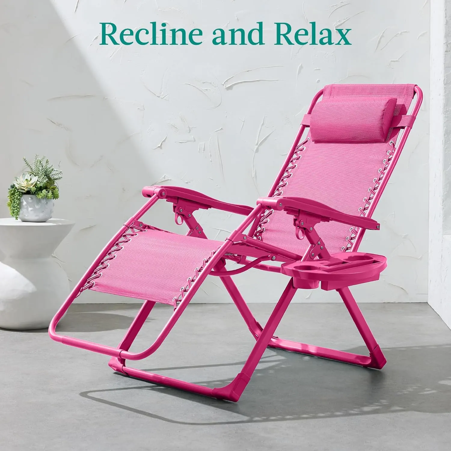 Best Choice Products Adjustable Zero Gravity Chair, Monochromatic Color Folding Patio Recliner w/Side Tray, Headrest - Hot Pink