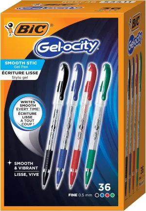 BIC Gel-ocity Smooth Stic Gel Pen, Fine Point (0.5mm), Assorted Colors, 36-Count, Vibrant and Smooth Gel Ink Pens