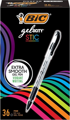 BIC Gel-ocity Smooth Stic Gel Pen, Fine Point (0.5mm), Black Ink, 36-Count, Vibrant and Smooth Gel Ink Pens