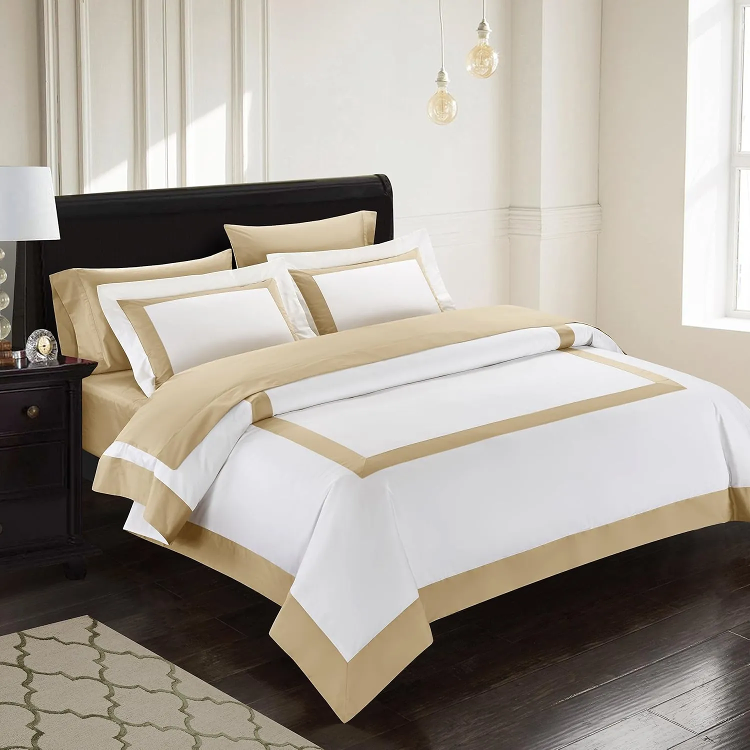 Bicolore Collection Duvet Covers Set 3 Pieces Do Not Include Filling ClassIC European 100% Egyptian Cotton Sateen Luxury 400 Thread Count Frame Patchwork Manufacturing(White/Beige,King)