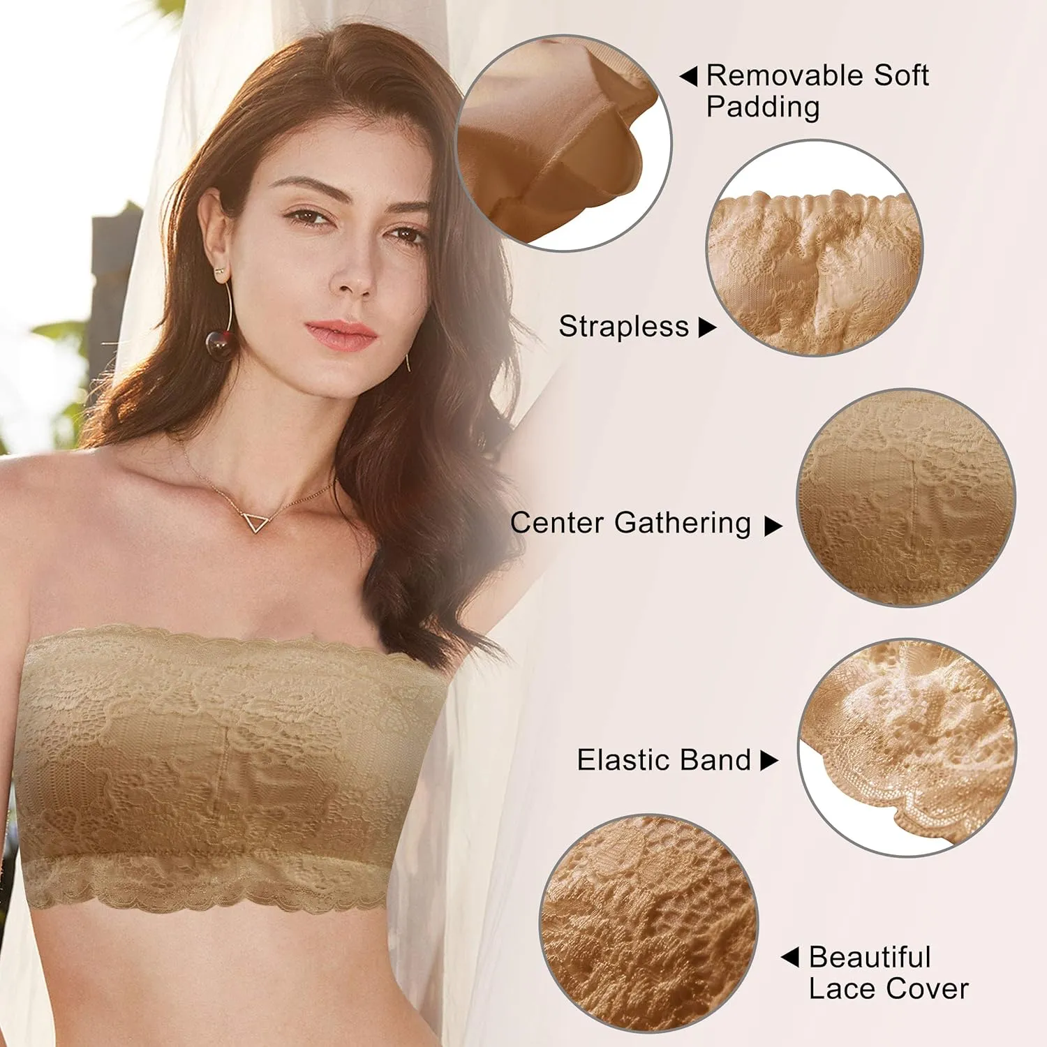 BINACL Women's Bandeau Bralette, Summer Strapless Removable Padded Seamless Basic Layer Tube Top Bra 2/3 Packs