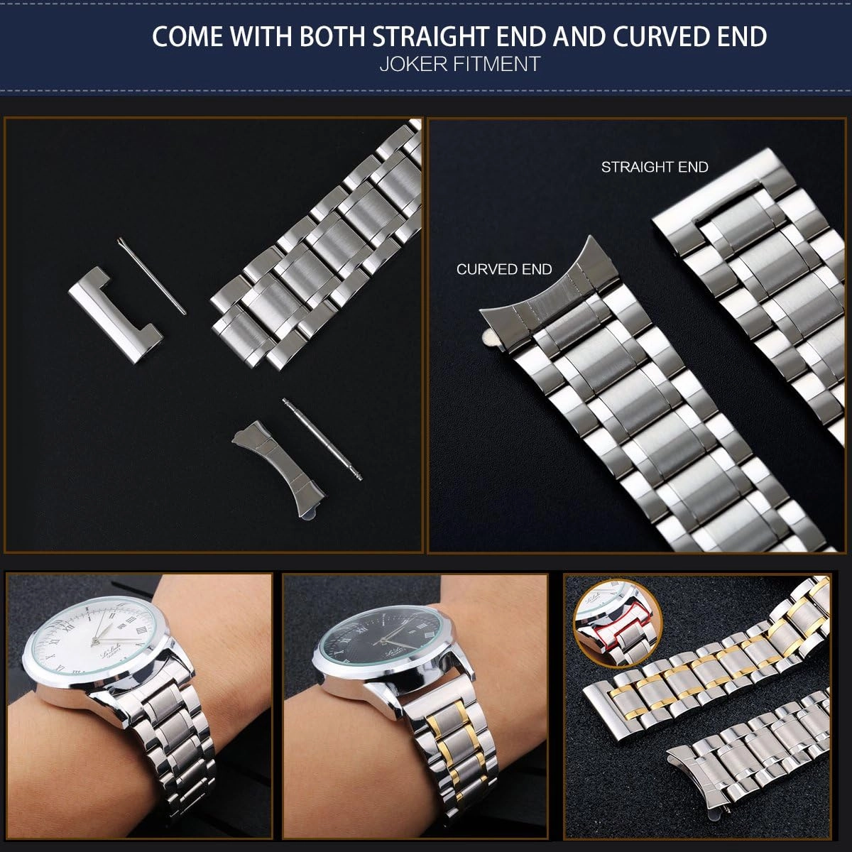BINLUN Stainless Steel Watch Bands 12mm-24mm Universal Metal Replacement Watch Straps SmartWatch Bracelets Links Straight & Curved Ends Men Women 6 Colors(Black,14mm)