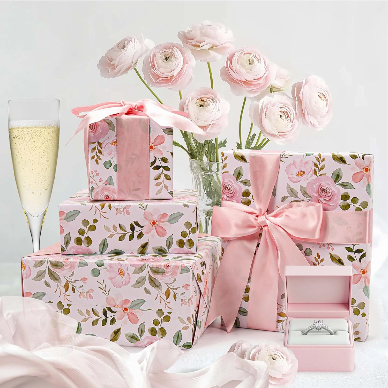 BIOBROWN Reversible Floral Wrapping Paper Roll - 17 Inches X 33 Feet (47 sq. ft. ttl.) Pink Watercolor Roses Design Flower Gift Wrap for Wedding, Bridal Shower, Mother's Day