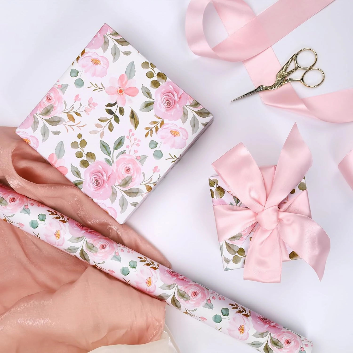 BIOBROWN Reversible Floral Wrapping Paper Roll - 17 Inches X 33 Feet (47 sq. ft. ttl.) Pink Watercolor Roses Design Flower Gift Wrap for Wedding, Bridal Shower, Mother's Day