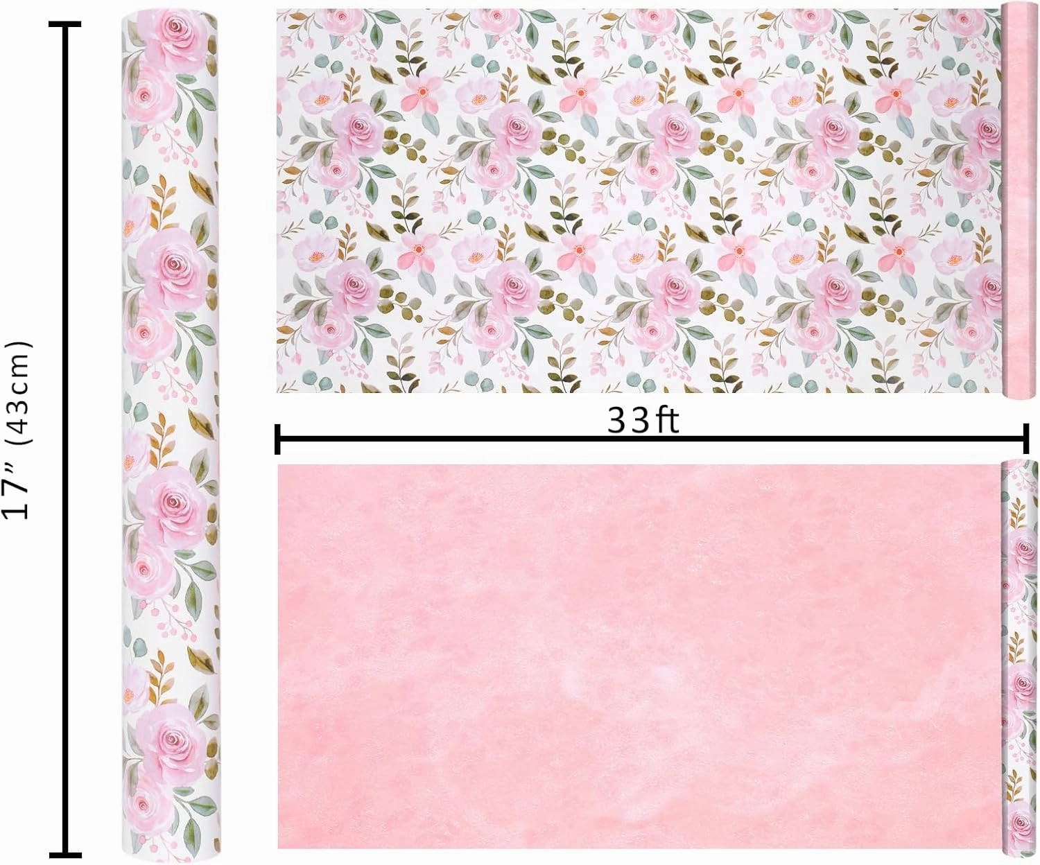 BIOBROWN Reversible Floral Wrapping Paper Roll - 17 Inches X 33 Feet (47 sq. ft. ttl.) Pink Watercolor Roses Design Flower Gift Wrap for Wedding, Bridal Shower, Mother's Day