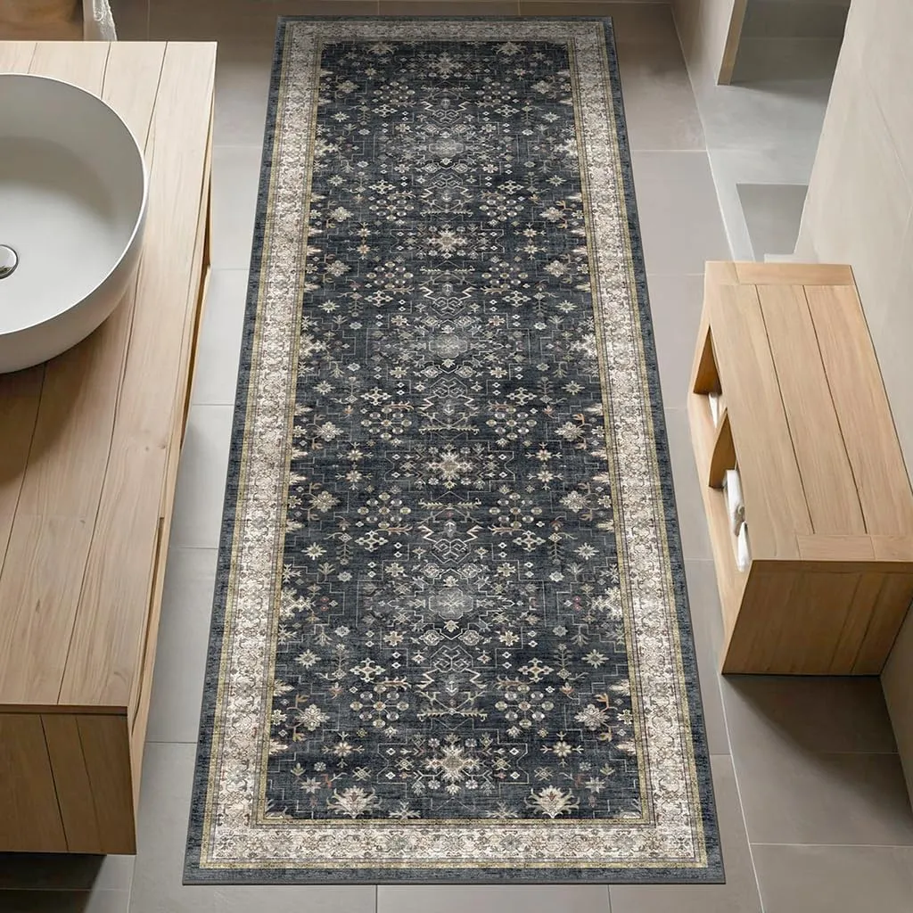 Black Boho Washable 2x6 Runner Rugs for Hallway Kitchen Bedroom Beside Laundry Room Bathroom Rug, Pet & Kids Friendly, Non Slip Low Pile Stain Resistant Soft Faux Wool Long 24 x 72 Floor Carpet