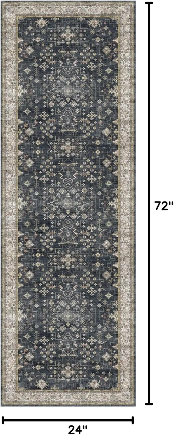 Black Boho Washable 2x6 Runner Rugs for Hallway Kitchen Bedroom Beside Laundry Room Bathroom Rug, Pet & Kids Friendly, Non Slip Low Pile Stain Resistant Soft Faux Wool Long 24 x 72 Floor Carpet