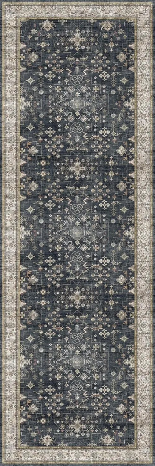 Black Boho Washable 2x6 Runner Rugs for Hallway Kitchen Bedroom Beside Laundry Room Bathroom Rug, Pet & Kids Friendly, Non Slip Low Pile Stain Resistant Soft Faux Wool Long 24 x 72 Floor Carpet