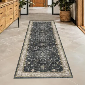 Black Boho Washable 2x6 Runner Rugs for Hallway Kitchen Bedroom Beside Laundry Room Bathroom Rug, Pet & Kids Friendly, Non Slip Low Pile Stain Resistant Soft Faux Wool Long 24 x 72 Floor Carpet