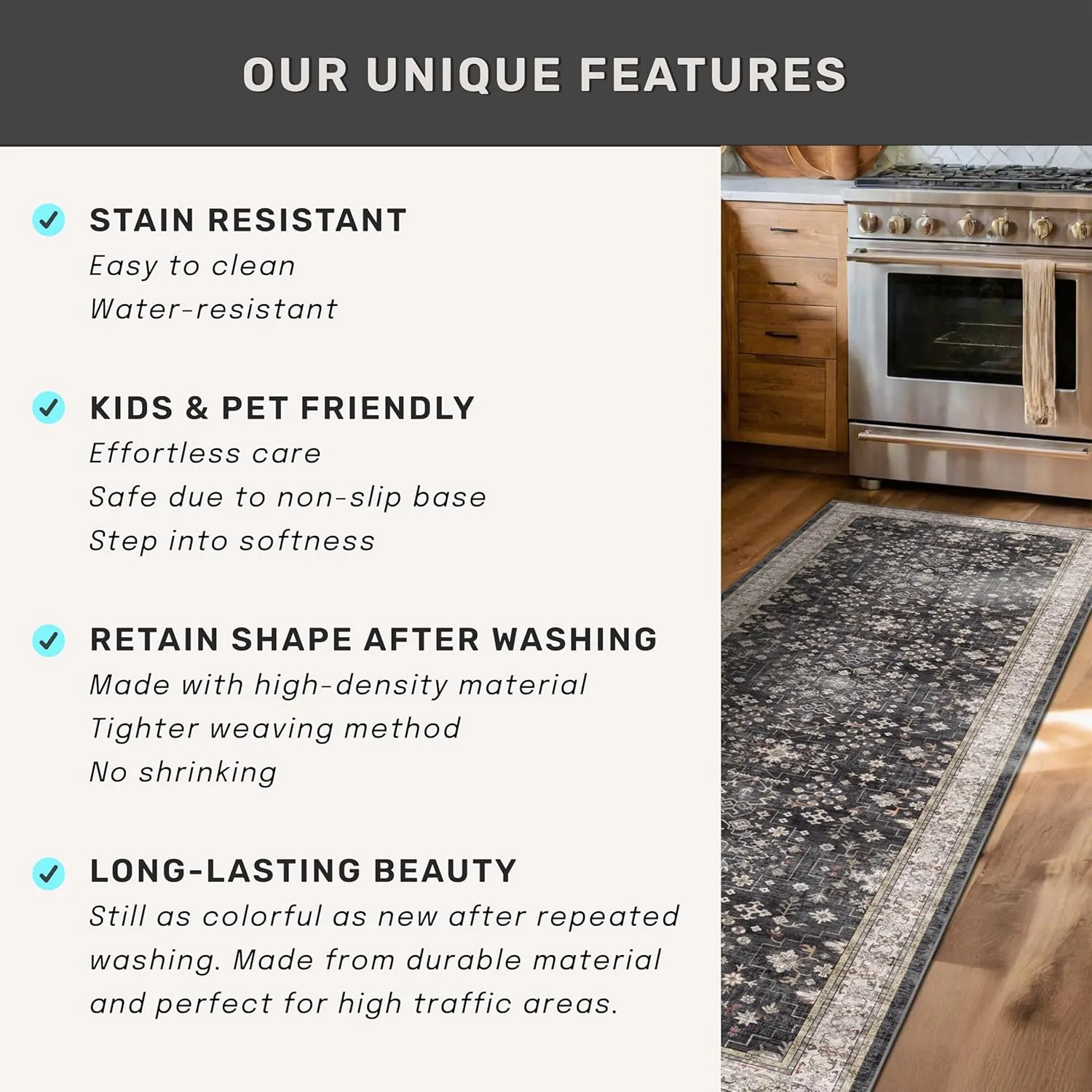 Black Boho Washable 2x6 Runner Rugs for Hallway Kitchen Bedroom Beside Laundry Room Bathroom Rug, Pet & Kids Friendly, Non Slip Low Pile Stain Resistant Soft Faux Wool Long 24 x 72 Floor Carpet