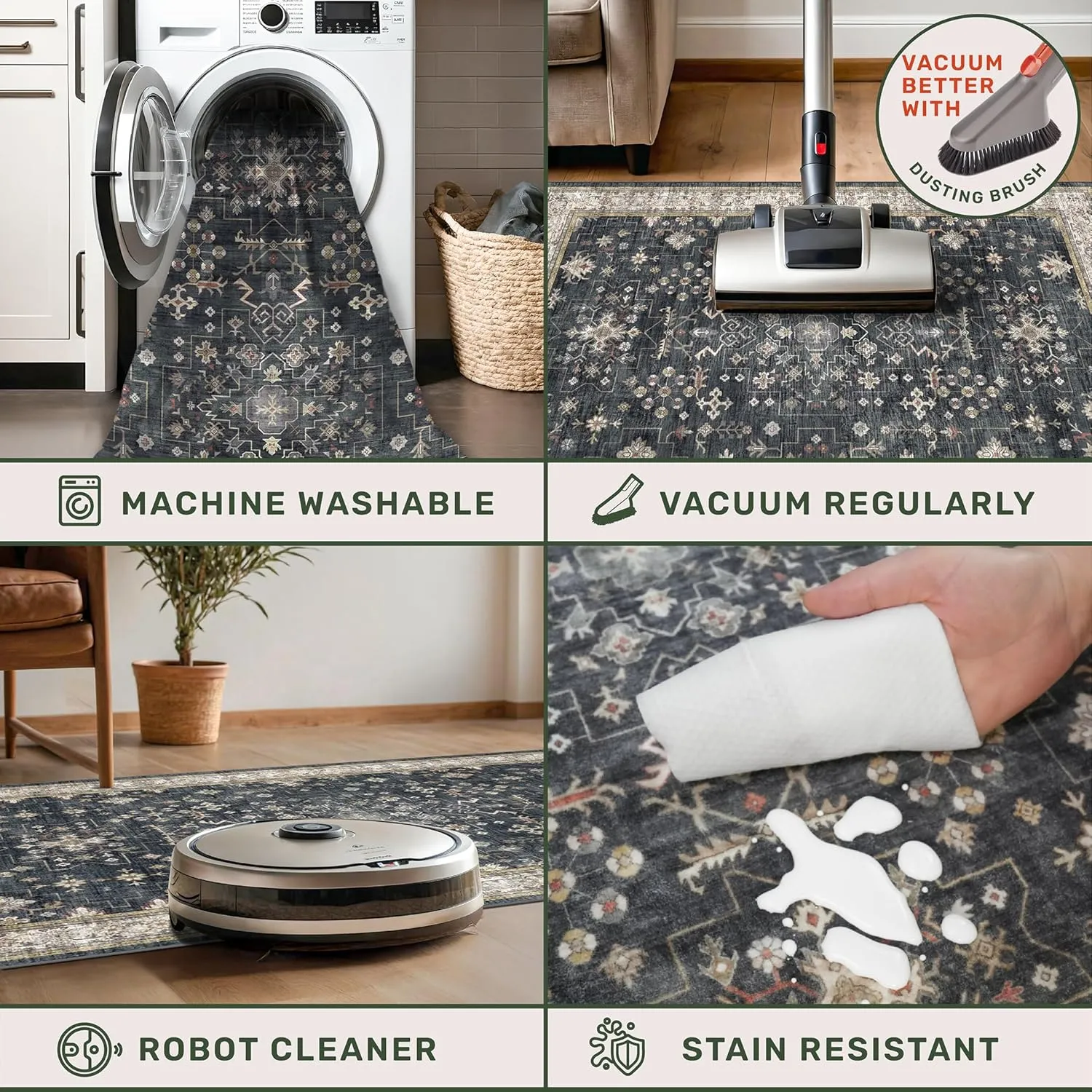 Black Boho Washable 2x6 Runner Rugs for Hallway Kitchen Bedroom Beside Laundry Room Bathroom Rug, Pet & Kids Friendly, Non Slip Low Pile Stain Resistant Soft Faux Wool Long 24 x 72 Floor Carpet