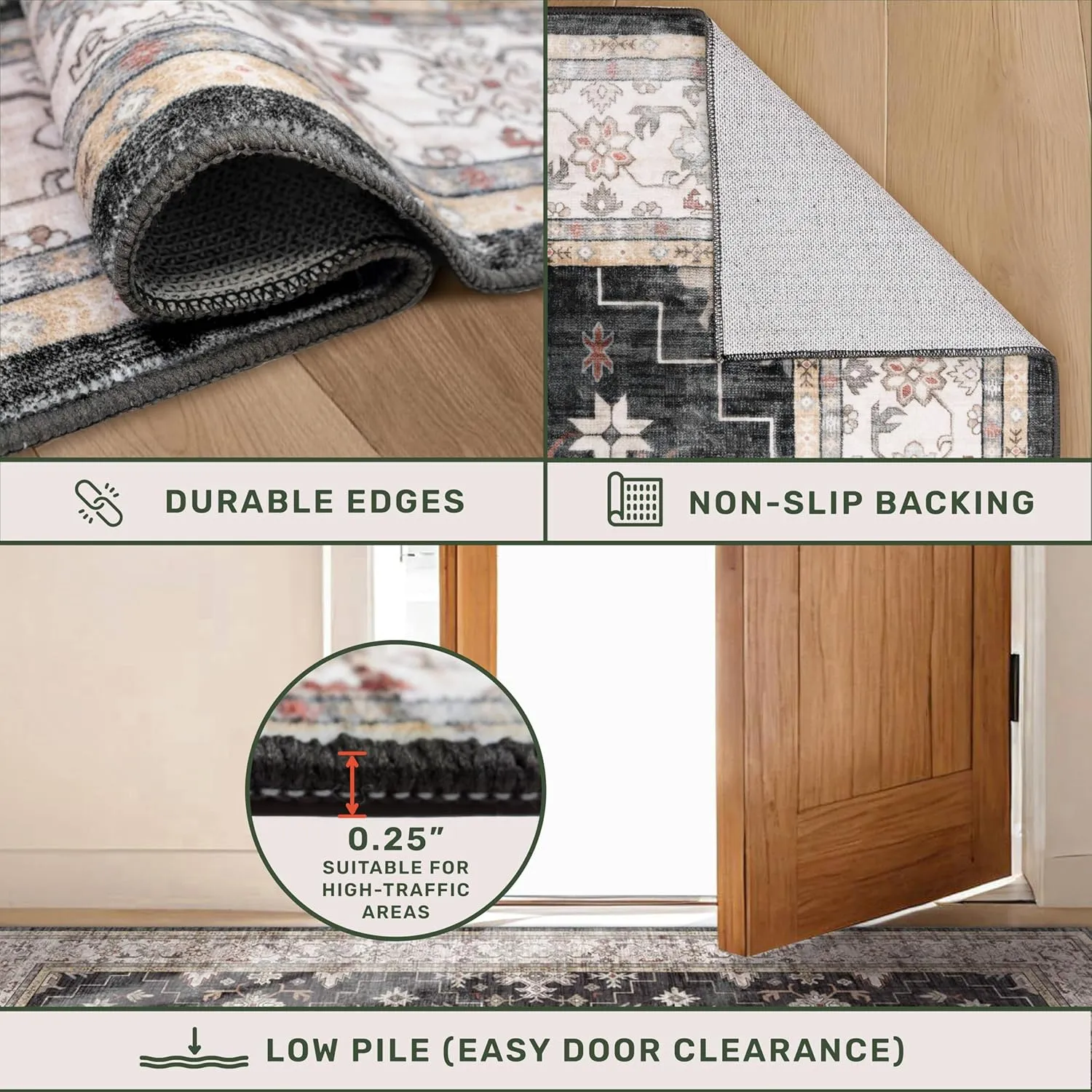 Black Boho Washable 2x6 Runner Rugs for Hallway Kitchen Bedroom Beside Laundry Room Bathroom Rug, Pet & Kids Friendly, Non Slip Low Pile Stain Resistant Soft Faux Wool Long 24 x 72 Floor Carpet