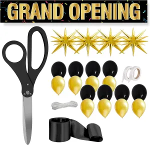 Black Ribbon Cutting Ceremony Kit - 25 Inch Scissors for Grand Opening Gold Satin Ribbon Gold Star Balloons and Grand Opening Banner for Inaugurations Special Events Ceremonies