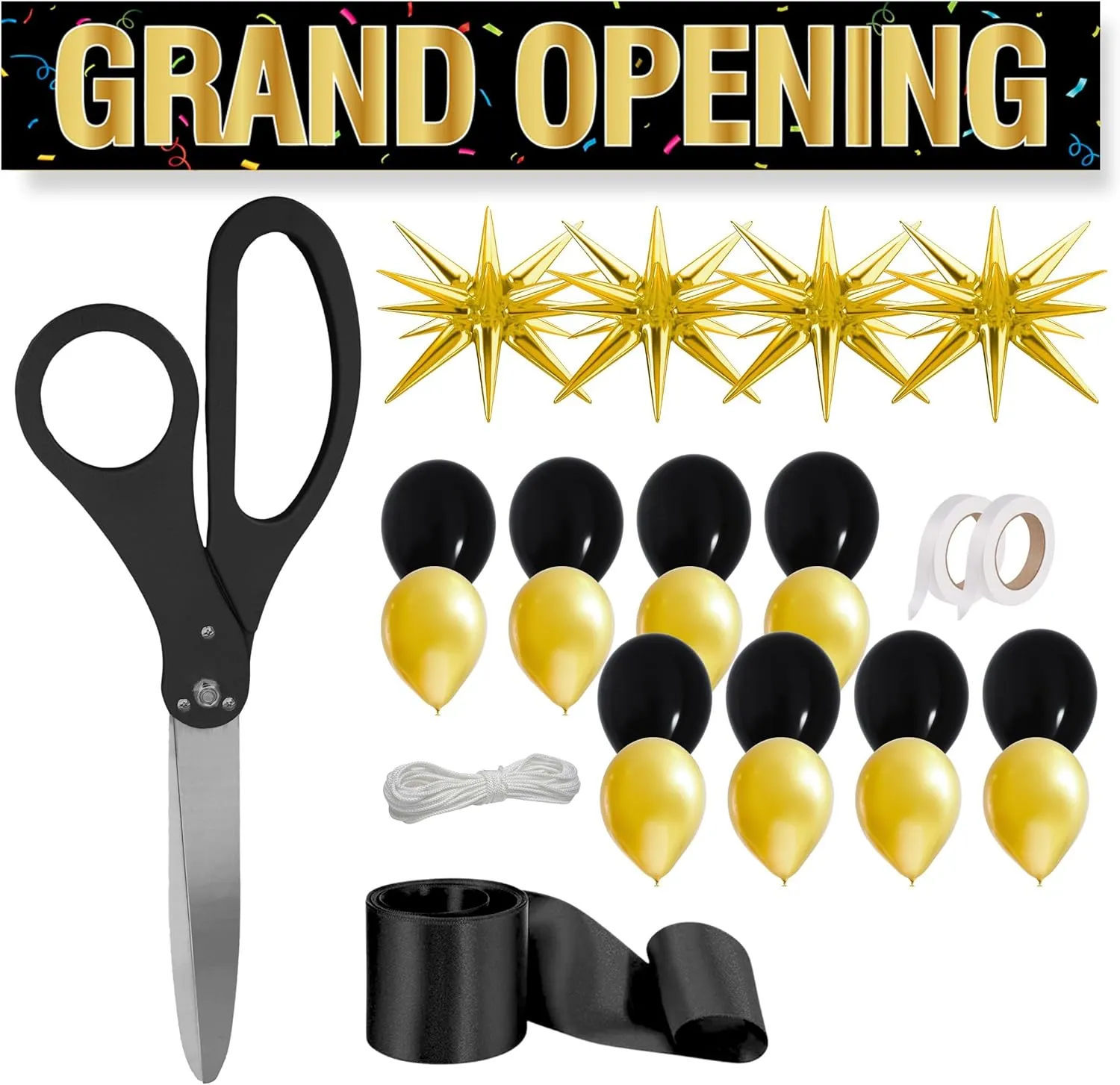 Black Ribbon Cutting Ceremony Kit - 25 Inch Scissors for Grand Opening Gold Satin Ribbon Gold Star Balloons and Grand Opening Banner for Inaugurations Special Events Ceremonies