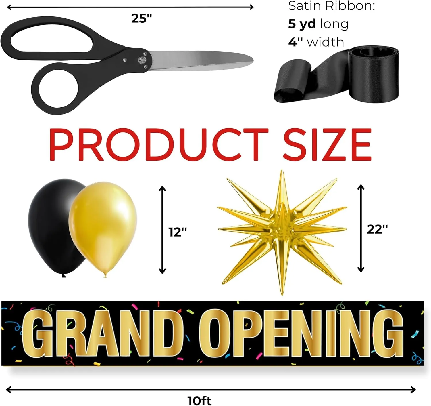 Black Ribbon Cutting Ceremony Kit - 25 Inch Scissors for Grand Opening Gold Satin Ribbon Gold Star Balloons and Grand Opening Banner for Inaugurations Special Events Ceremonies