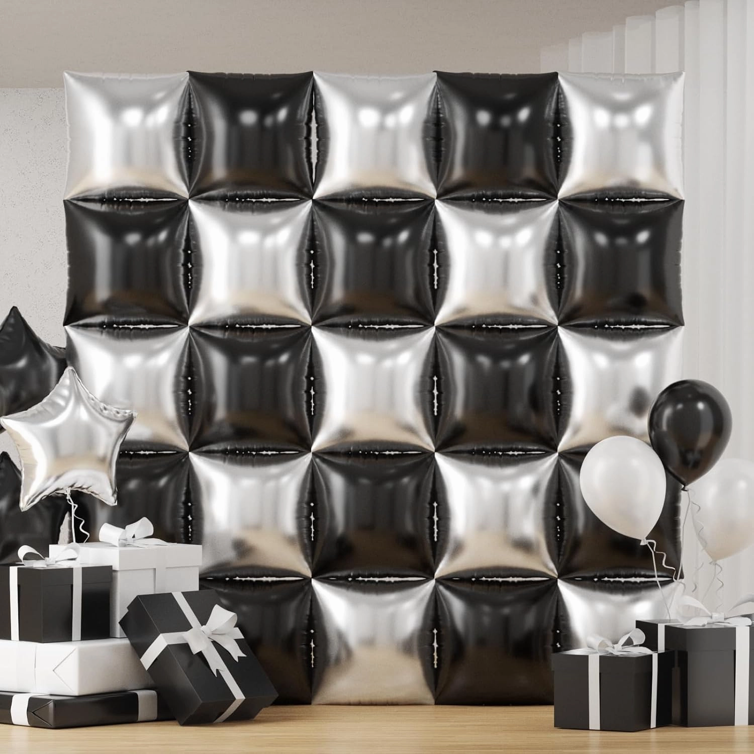 Black and Silver Balloons Wall Tunnel Backdrop Double Sided Chrome Silver Metallic Balloon Arch Garland Kit For Graduation Anniversary Birthday Party Background Decoration
