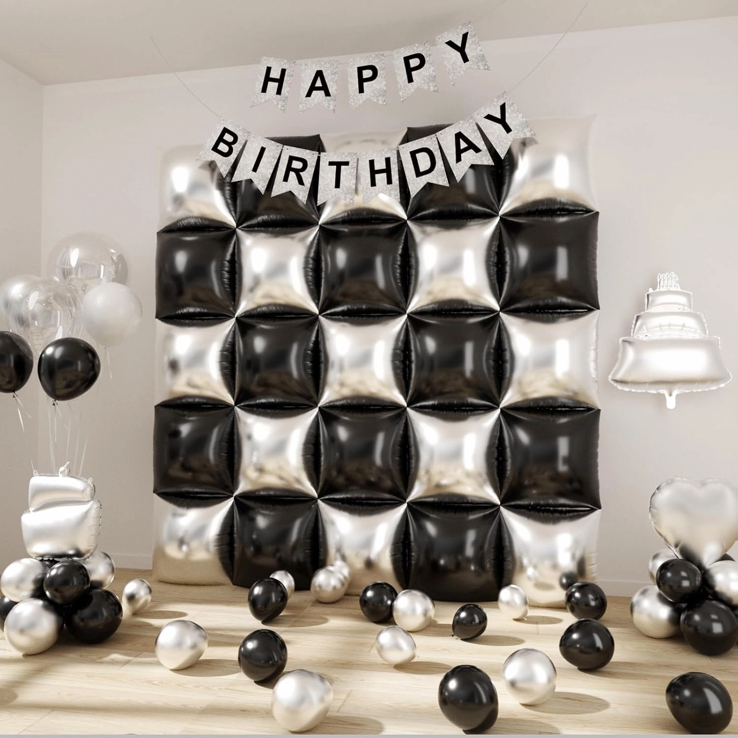 Black and Silver Balloons Wall Tunnel Backdrop Double Sided Chrome Silver Metallic Balloon Arch Garland Kit For Graduation Anniversary Birthday Party Background Decoration