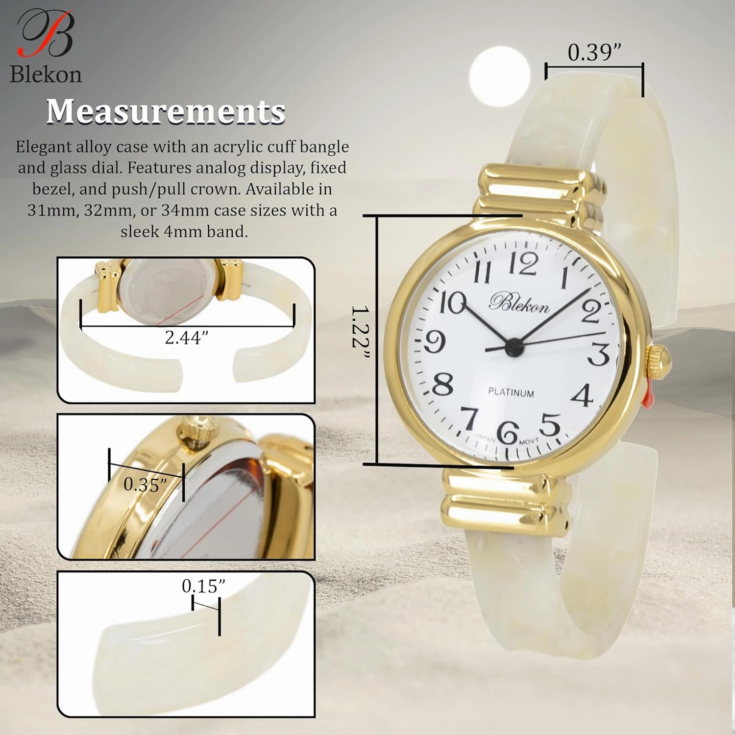Blekon Collections Women's Round, Oval, Rectangle Case Shapes Acrylic Tortoise Shell Color Design Cuff Bangle Watch